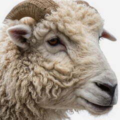 A close-up of a sheep&rsquo;s face with gentle eyes and soft wool, on a white background.