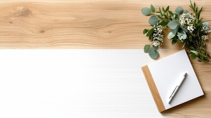 Stylish workspace with blank notepad, pen, and greenery on wood table, minimalistic design inspiration