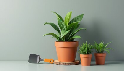 Fototapeta premium Mockup Plant Pot on white background with small plants and gardening tools. Packaging template mockup