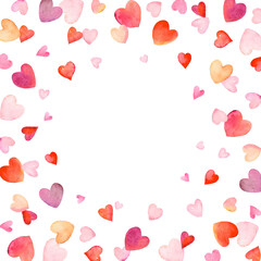 Holiday frame with colorful flying hearts, symbol for Valentine day, delicate watercolor isolated border for your text, greeting card, background or cover.