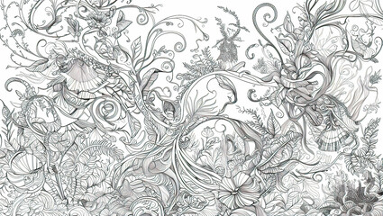 coloring page featuring ornate fantasy and foliage inspired patterns, with intertwining swirls and curves that evoke a high fashion feel, perfect as a base for a unique tattoo design,