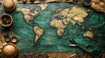 Antique world map surrounded by compass, scissors, and other vintage travel items.