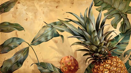 Obraz premium ripe pineapple with tropical leaves exotic fruit focus