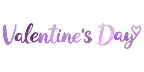 Valentine's Day design, watercolor style, romantic theme, purple hues, festive typography, love celebration.