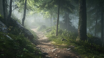 Obraz premium A serene hiking trail meanders through a foggy Bavarian forest, with sunlight filtering through tree canopies and highlighting the lush greenery