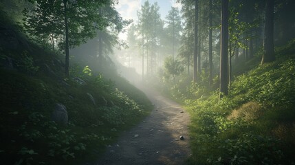 Obraz premium A serene hiking trail meanders through a foggy Bavarian forest, with sunlight filtering through tree canopies and highlighting the lush greenery
