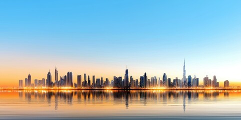 Stunning Panoramic View of Dubai Skyline at Dawn with Clear Blue Sky and Reflections on Water