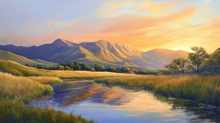 A serene mountain range bathed in soft dawn light, a peaceful brook reflecting the vibrant oranges and yellows of the sunrise