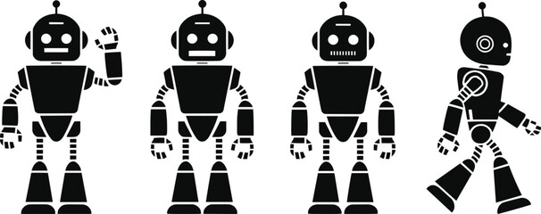 Group of Robotic Silhouette Icons in Various Poses with Clean, Minimalist Design