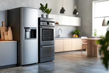 Modern kitchen with stainless steel appliances and natural light during the day
