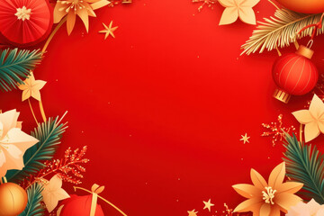 Obraz premium Festive Chinese New Year background with red and gold paper cut flowers, lanterns, and pine branches creating vibrant and celebratory atmosphere