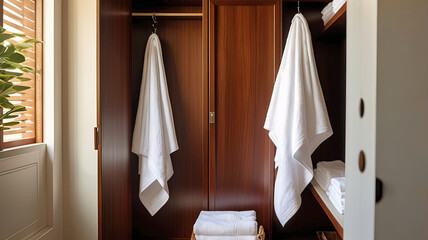 In morning light, close-up plan of clean white towel hanging in luxury hotel evoking feeling of relaxation and travel desire