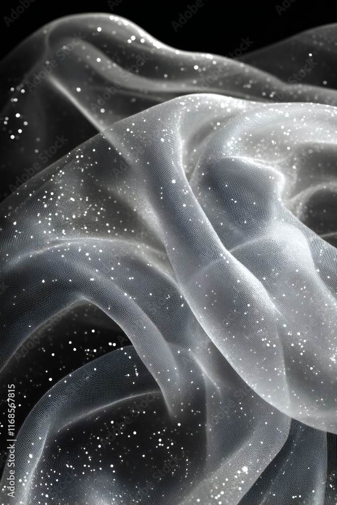 Poster delicate floating fabric shimmering with sparkling details against a dark background