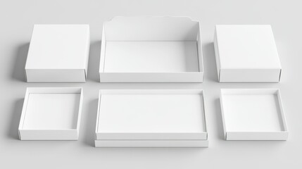 A set of white boxes displayed symmetrically, alternating between closed and open, photographed in a high-definition studio setting