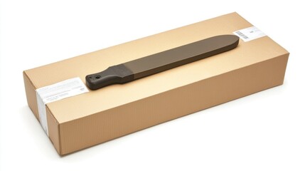 A single corrugated box with shipping labels and tape seals, placed diagonally on a white background to highlight realism.