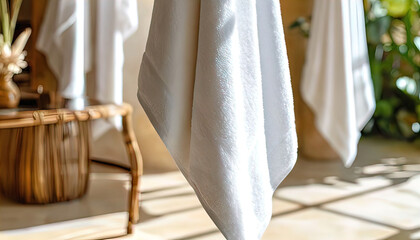 In morning light, close-up plan of clean white towel hanging in luxury hotel evoking feeling of relaxation and travel desire