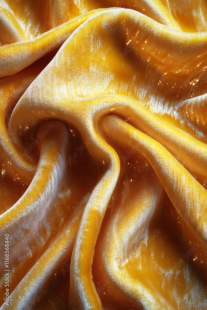 Poster luxurious golden fabric draped elegantly with soft texture and rich color in a warm, inviting settin