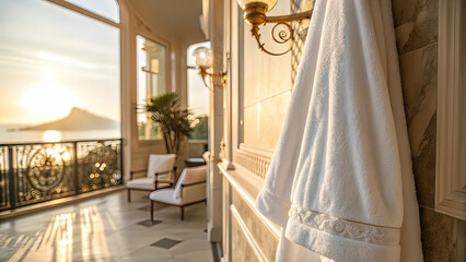 In morning light, close-up plan of clean white towel hanging in luxury hotel evoking feeling of relaxation and travel desire