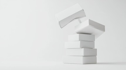 A stack of white square gift boxes, with the topmost box open, revealing its smooth interior, against a plain white background.
