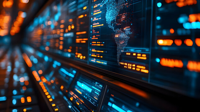 Futuristic digital interface with world map data. - Powered by Adobe