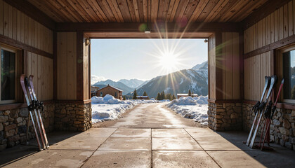 Deserted ski lodge entrance in morning light, echoes of winter