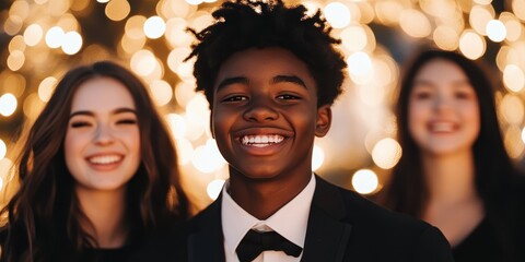 Obraz premium A smiling Black teenager in formal attire standing in front of festive, glowing holiday lights with friends.