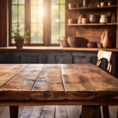Fototapeta premium Warm wooden table in a rustic kitchen with sunlight streaming through the windows in the afternoon