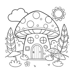 drawing of cute mushroom house with plants a Children's coloring book page