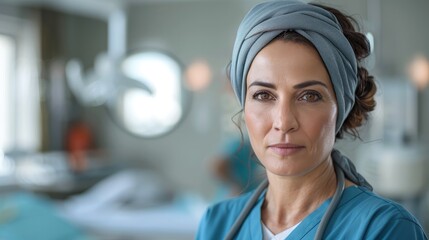 Fototapeta premium A middle-aged female nurse, wearing scrubs and a headscarf, Middle Eastern.