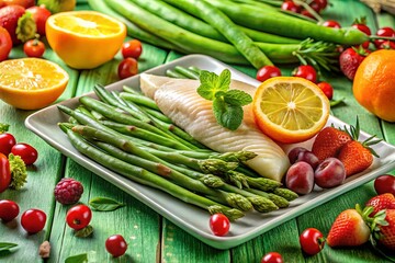 Healthy Eating: Fresh Greens, Asparagus, Fish & Fruits on Green Background