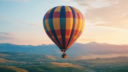 A vibrant hot air balloon soars over picturesque hills during a serene sunset, showcasing colorful patterns against a tranquil sky.