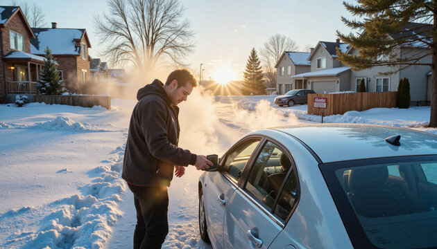 Person warming up car in snowy street at sunset, Winter Car Check