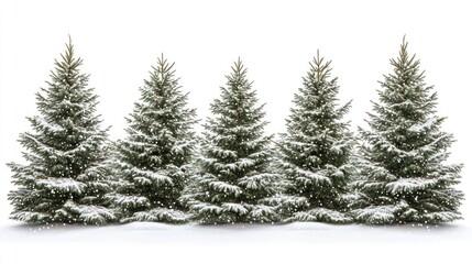 Fototapeta premium Five snow-covered evergreen trees on a white background. (1)