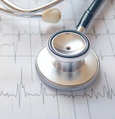 A stethoscope rests on an ECG chart, symbolizing health monitoring and medical assessment.