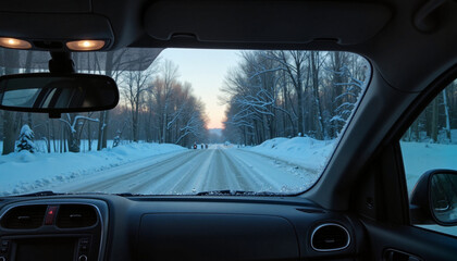 Defrosting car interior on snowy street at dusk, winter travel safety