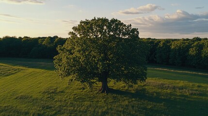 Majestic Green Oak Tree in Open Meadow Under Soft Evening Light