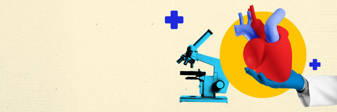Microscope and hand holding heart, representing integration of science and cardiology in healthcare advancements. Contemporary art collage. Concept of medicine, treatment, heart health. Banner