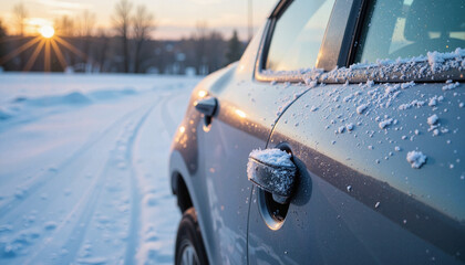 Frost-covered car door handle on snowy road at sunrise, winter beauty