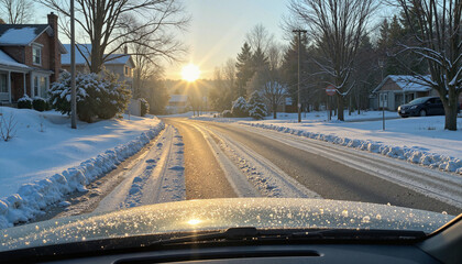 Serene winter sunrise over snowy residential street, peaceful ambiance