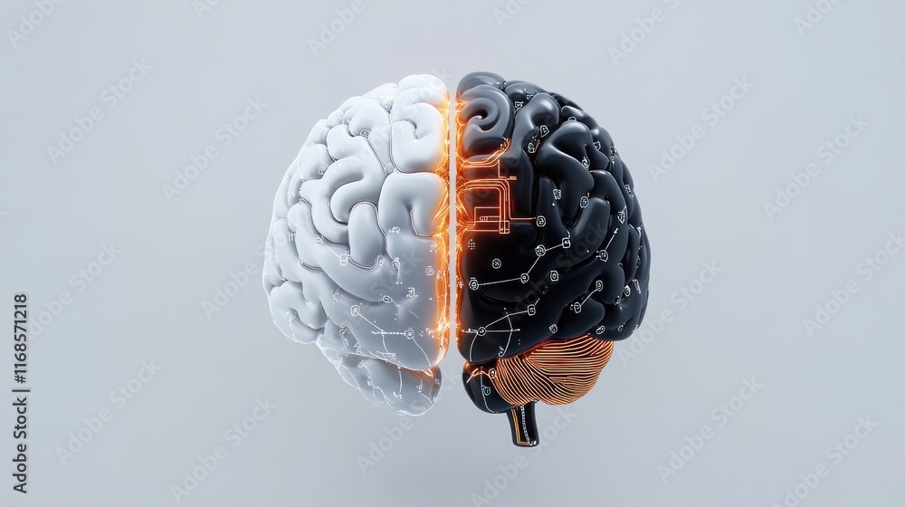 Poster a split brain illustration symbolizing creativity and logic.