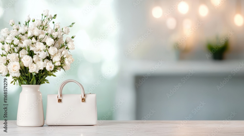 Poster elegant white floral arrangement next to stylish handbag on table with soft background bokeh effect