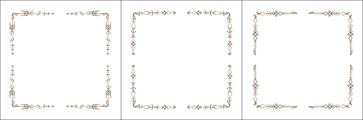 Frame set. Three brown frames with elegant black and white ornamental frame with Viking runes, decorative border, corners. Isolated vector illustration.	
