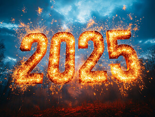 the year 2025 written in bright, sparkling lights, with a festive and celebratory atmosphere. The background is dark, allowing the fiery sparklers to stand out prominently.