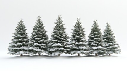 Five snow-covered fir trees on a white background.