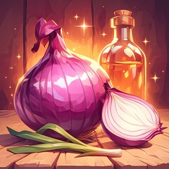 A vibrant digital illustration of a glossy red onion with a glowing effect, surrounded by fresh green leaves and sparkling accents. Set against a dark gradient background, the design exudes freshness 