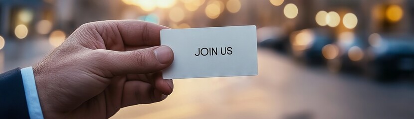 Close-Up of Hand Holding "JOIN US" Card for Online Community Sign-Up, Marketing Concept