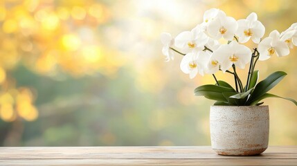 Elegant White Orchid Plant in Ceramic Pot on Wooden Table Over Softly Blurred Natural Background