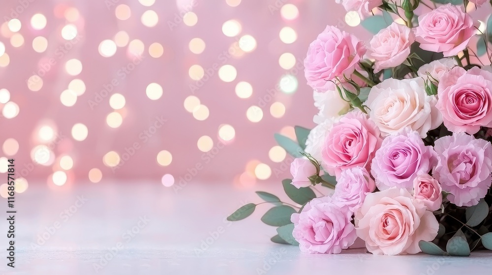 Poster beautiful arrangement of pink roses on a soft background with delicate bokeh lights creating a roman
