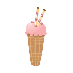 Strawberry ice cream with candy topping and wafer. Strawberry milk ice cream. Ice cream cone. 