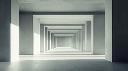 Sunlit minimalist concrete corridor with columns.
